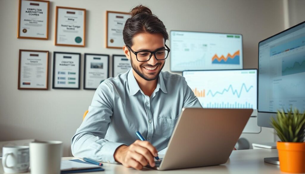 Digital marketing professional with multiple certifications working on campaign