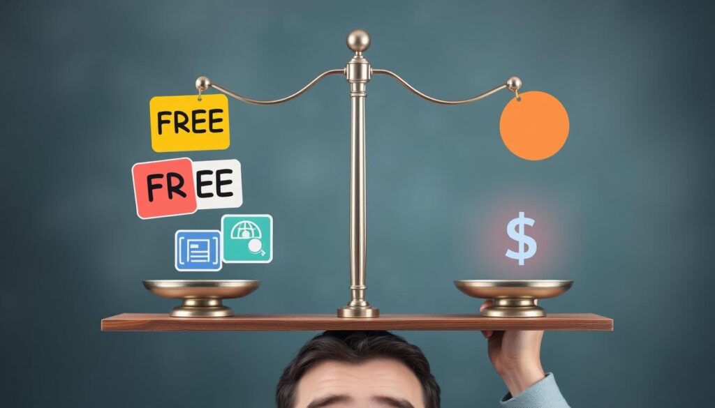 Person weighing options between free and paid digital marketing courses