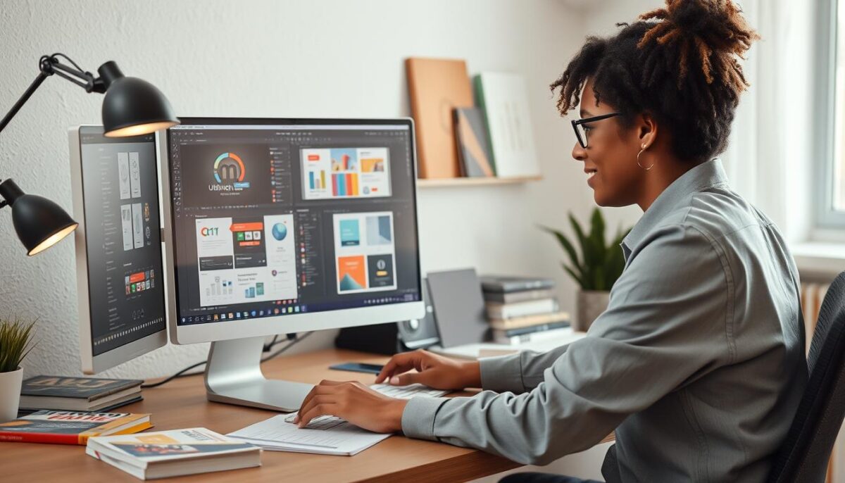 Person working on UI/UX design project on computer without a degree