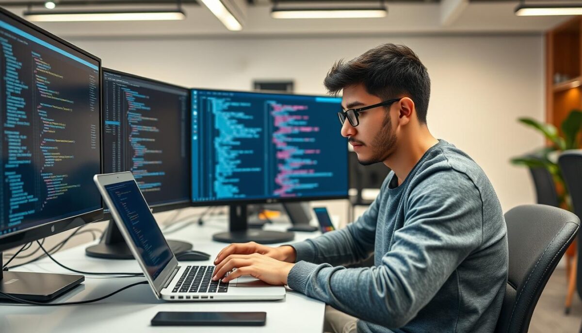 Software developer working at computer without a college degree