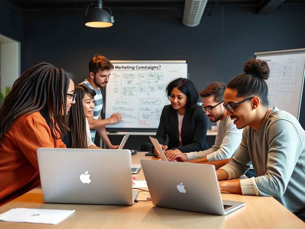Students in a paid digital marketing bootcamp collaborating on a project