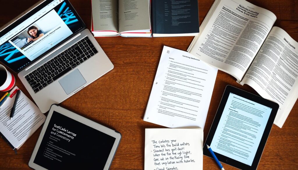 Various learning resources for software development on a desk